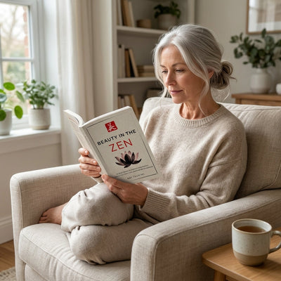 Woman reading Beauty in the Zen by a window