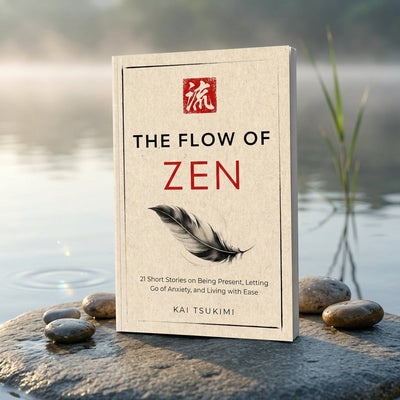 The Flow of Zen paperback resting by calm water