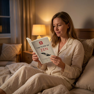 Woman reading The Flow of Zen in bed at night